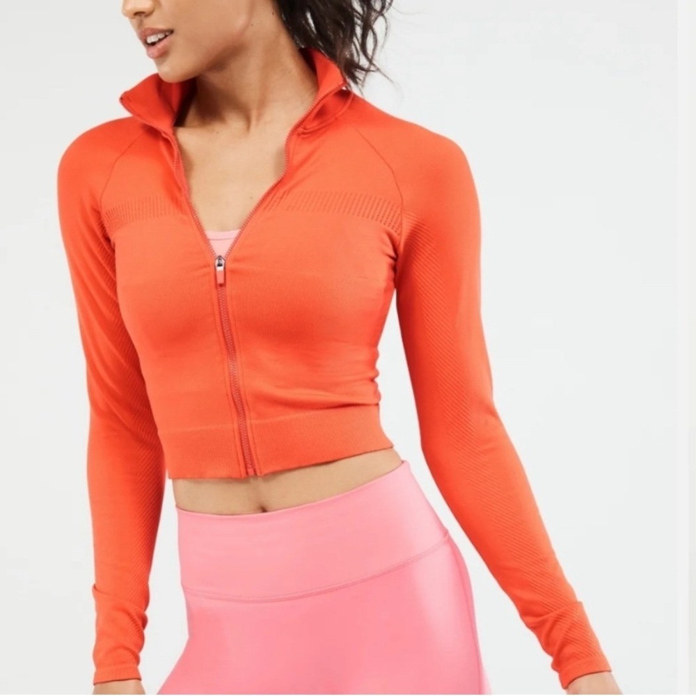 Fabletics NWT Tory Cropped Seamless Jacket Women's Large Orange Activewear Layer